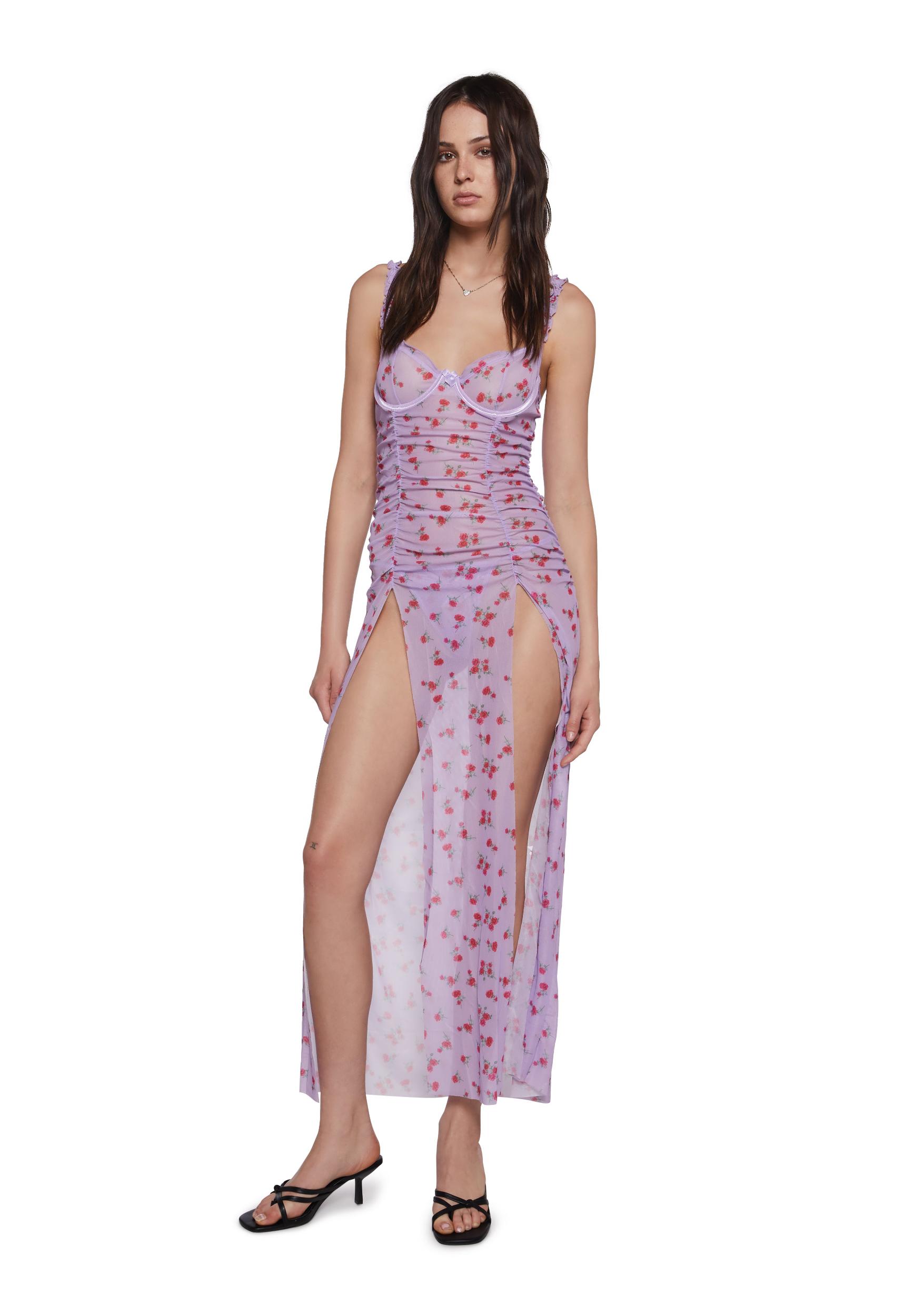 Womens Floral Print Nightdress And Thong Panty Lingerie Set - Purple Product Image