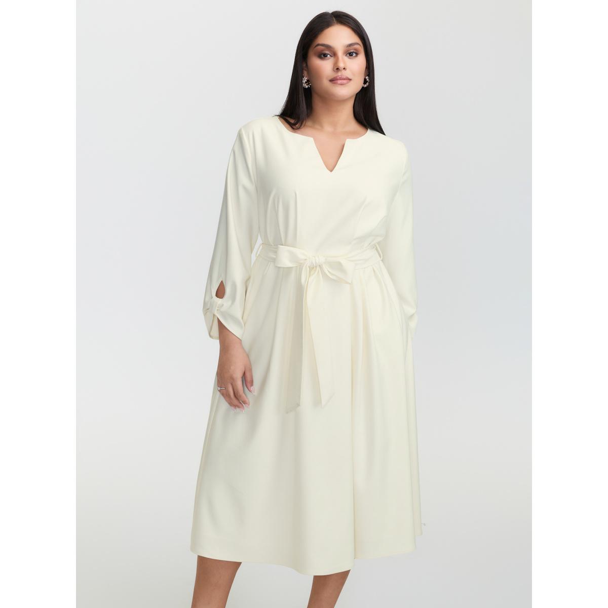 Plus Size Pleated Split Neck Waist-Tie Maxi Dress Ivory Women Office Belted Notched collar Extra Long Sleeve Curvy BloomChic 22-24/3X Product Image