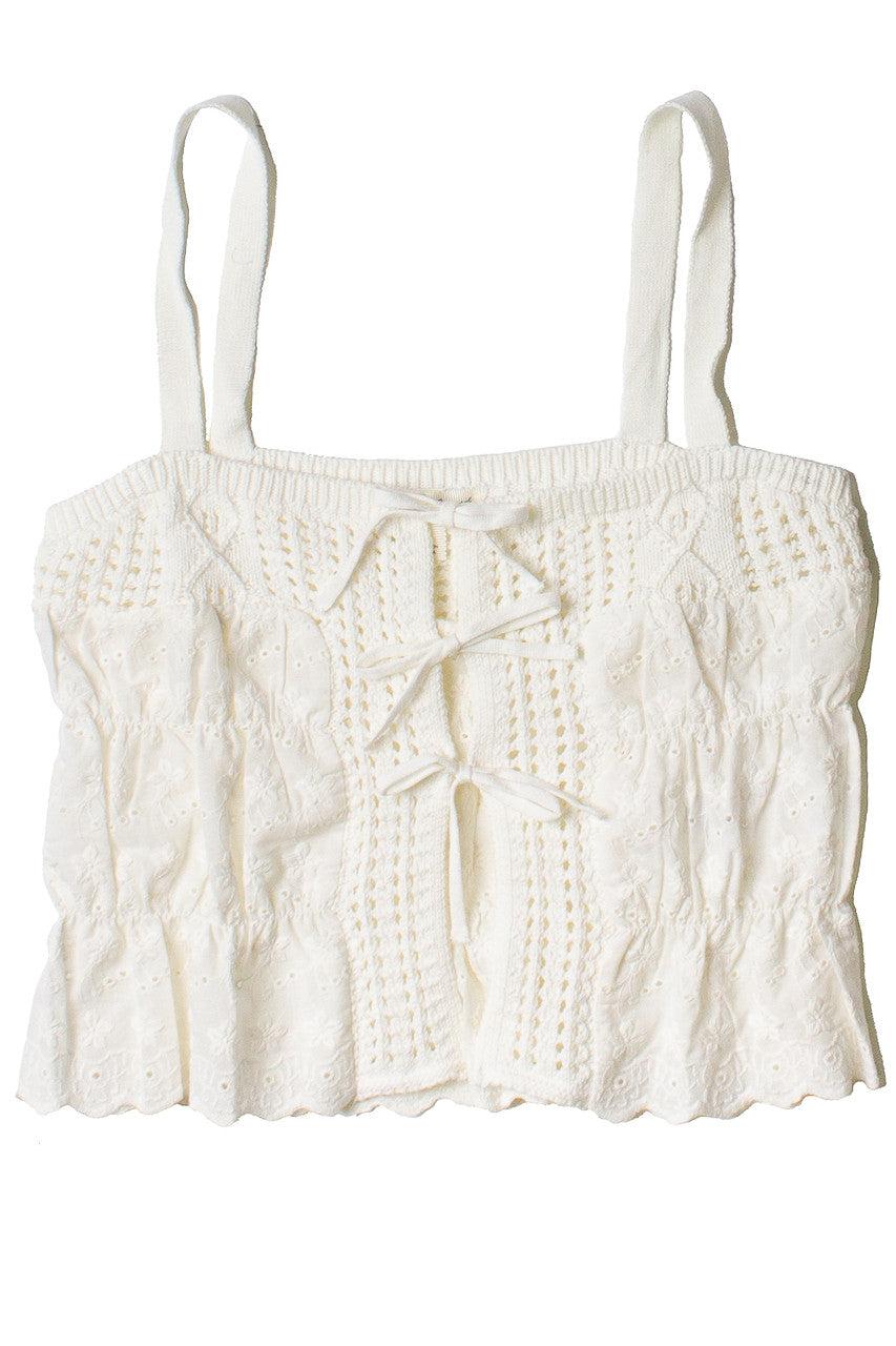 Knit & Floral Eyelet Tie Front Tank Top Product Image