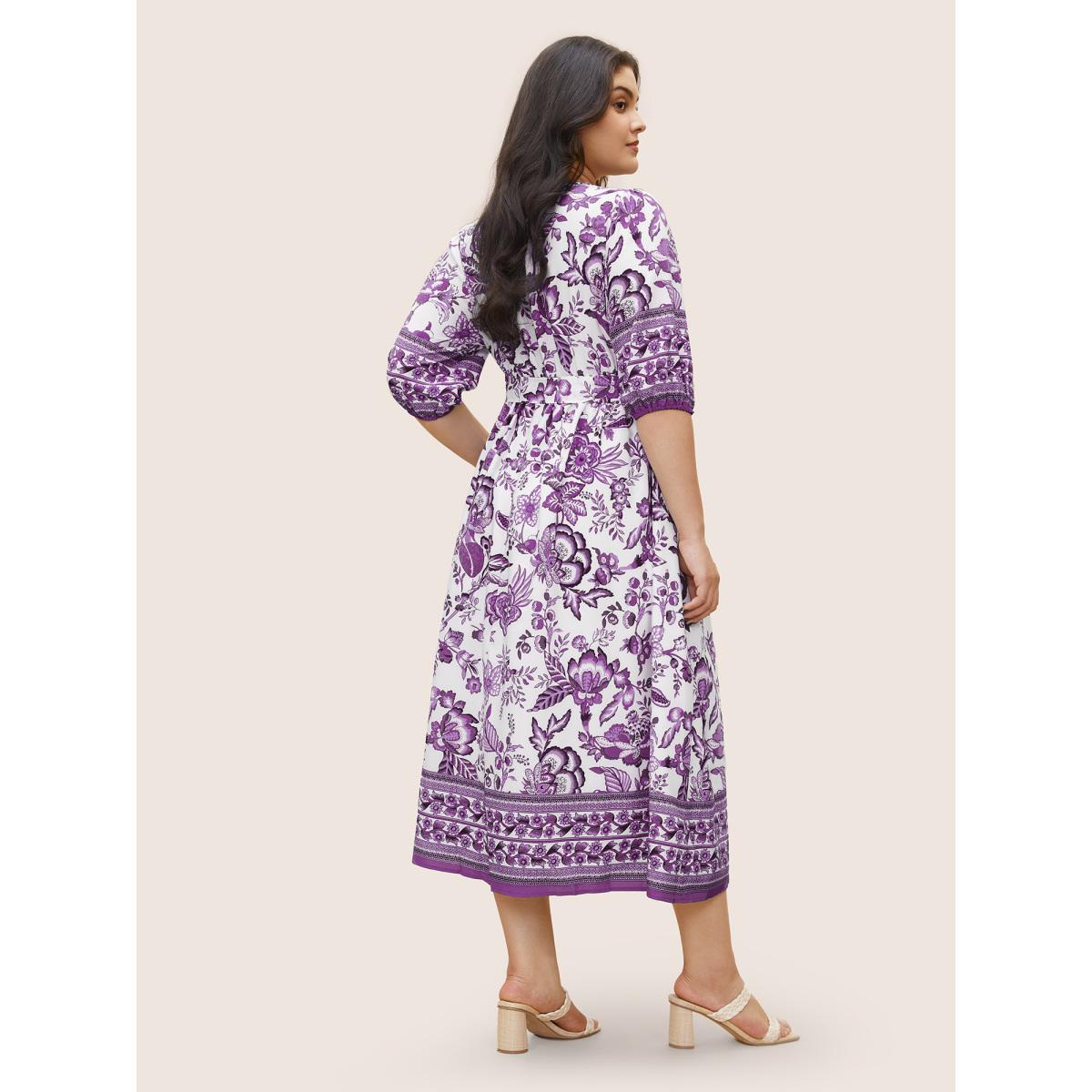 Plus Size Bandana Print Surplice Neck Lantern Sleeve Pocket Belted Midi Dress Deeppurplered Women Resort Non V-neck Half Sleeve Curvy Midi Dress BloomChic 22-24/3X Product Image