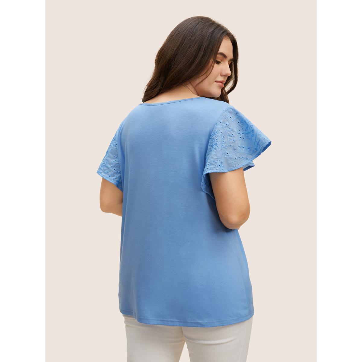 Plus Size Solid Broderie Anglaise Ruffle Cap Sleeve T-shirt Bluepurple Women Resort Cut-Out Round Neck Vacation T-shirts BloomChic 26/4X Product Image