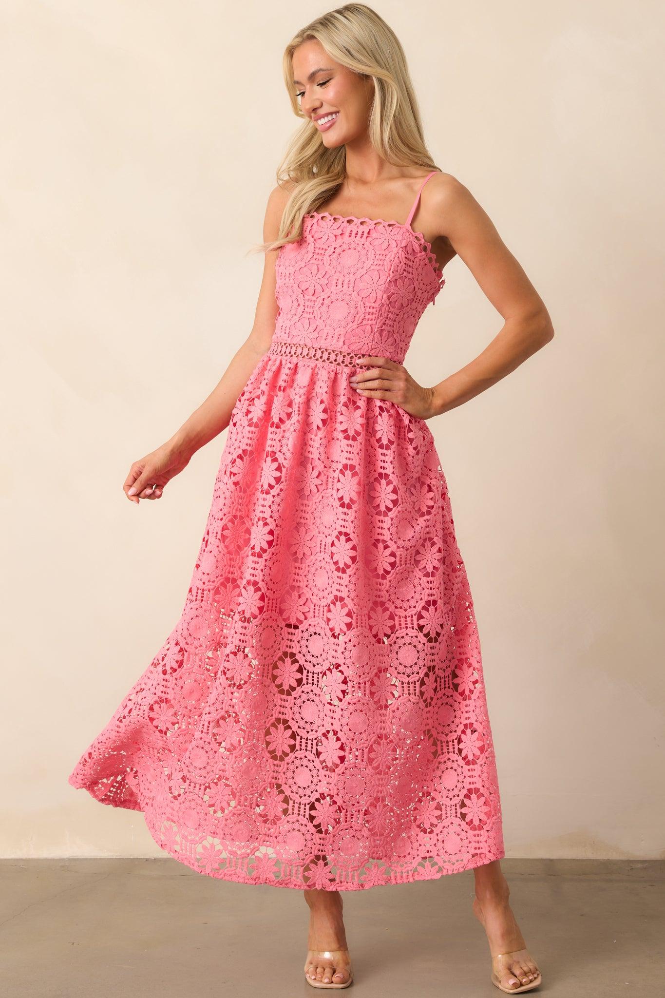Sweet Moments Pink Coral Floral Embroidered Maxi Dress Product Image