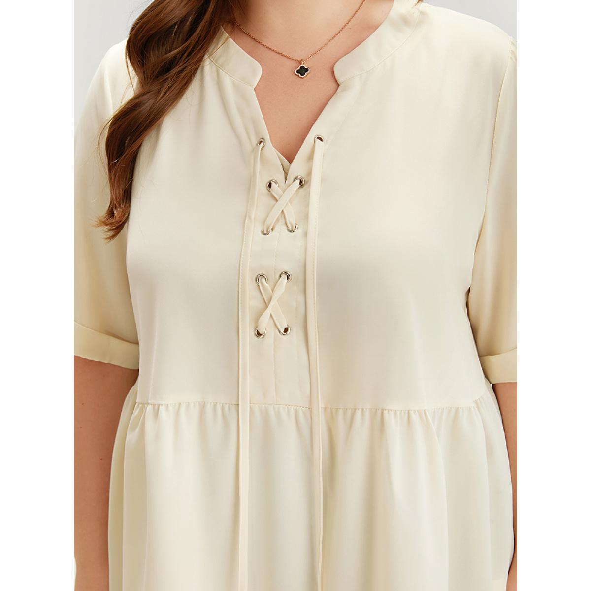 Plus Size Ivory Anti-Wrinkle Lace Up Notched Gathered Blouse Women Office Half Sleeve Tie Neck Work Blouses BloomChic 30/6X Product Image