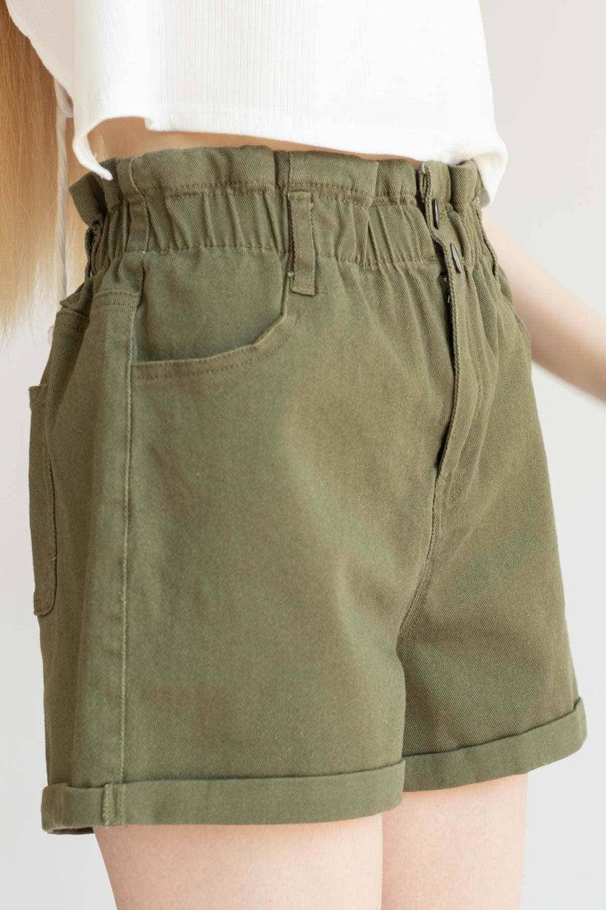 Olive Cuffed Paper Bag Waist Denim Shorts Product Image