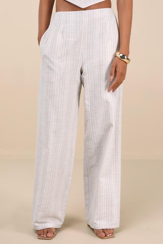 Anahita Cream and Blue Striped Mid-Rise Straight Leg Pants Product Image