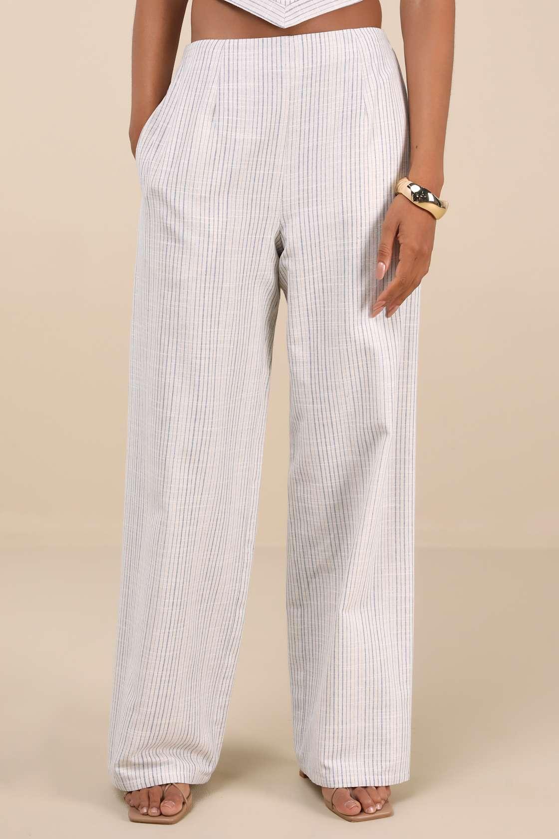 Anahita Cream and Blue Striped Mid-Rise Straight Leg Pants Product Image