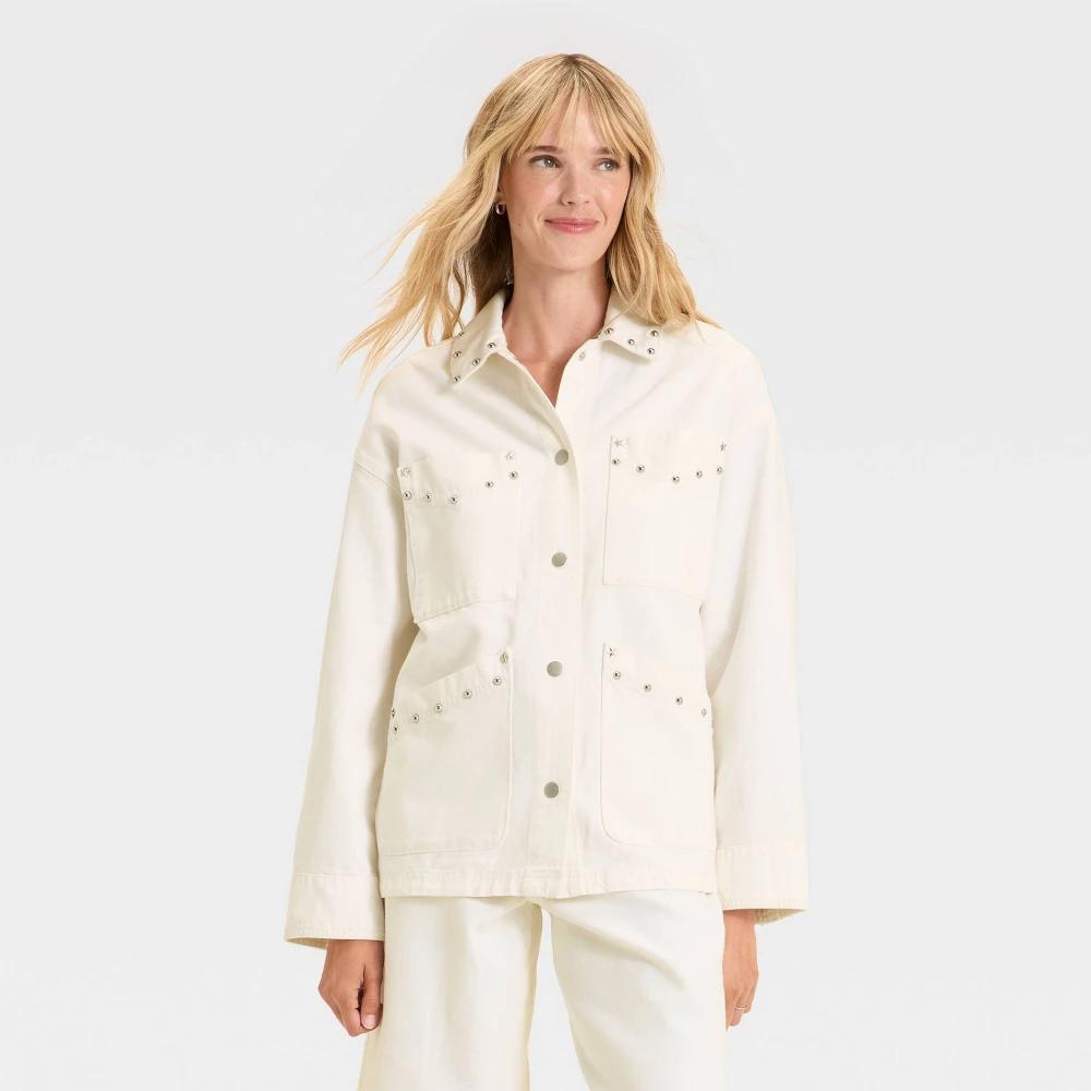 Women's Studded Chore Denim Jacket - Universal Thread™ White Product Image