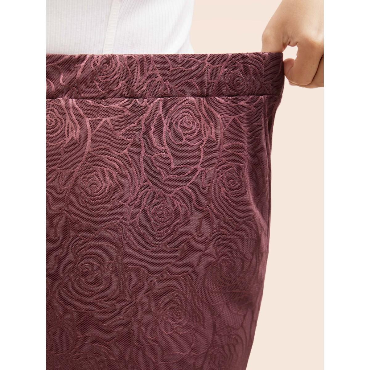 Plus Size Floral Textured Mesh Elastic Waist Skirt Women Deepred Casual See through Medium stretch Everyday Skirts BloomChic 14-16/1X Product Image