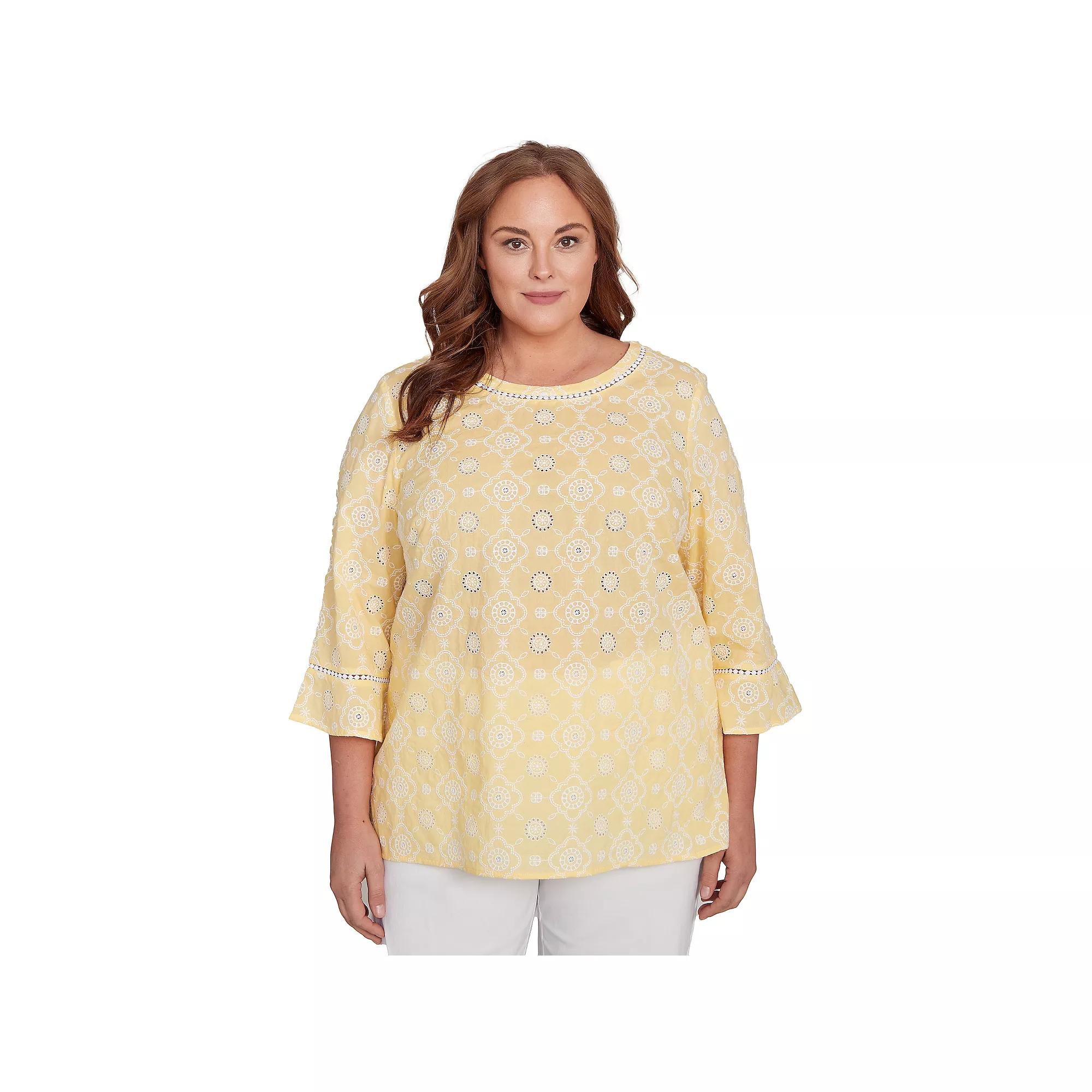 Plus Size Alfred Dunner Embroidered Floral Eyelet Bell Sleeve Top, Women's, Size: 2XL, Yellow Product Image