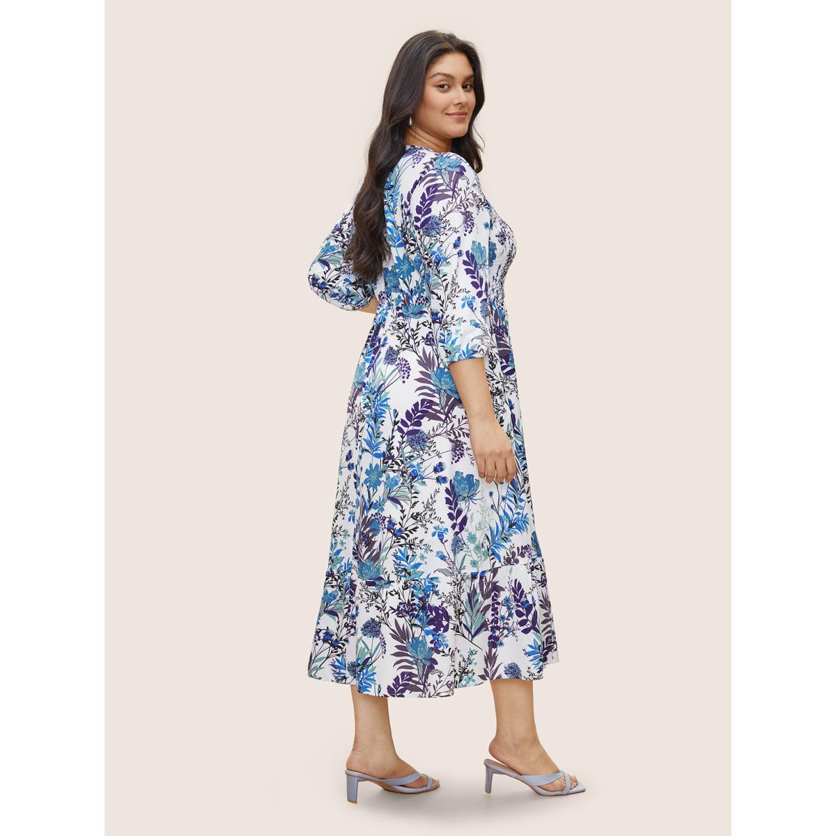 Plus Size Plants Print Shirred Elastic Waist Gathered Dress White Women Elegant Non V-neck Elbow-length sleeve Curvy Midi Dress BloomChic 18-20/2X Product Image