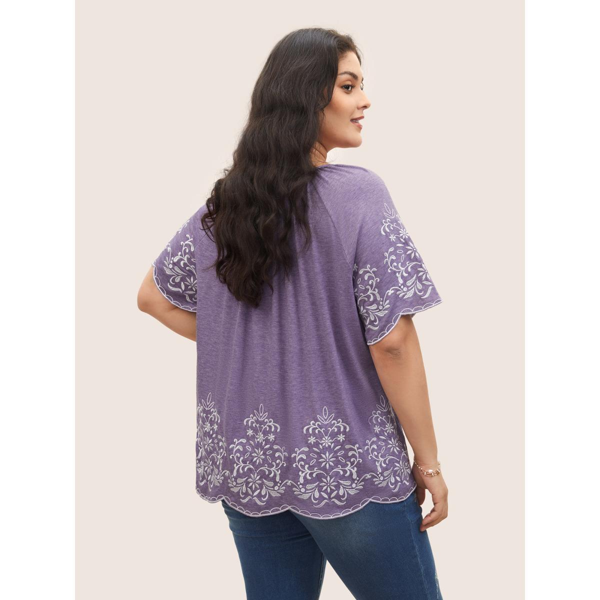 Plus Size Embroidered Scalloped Trim Gathered T-shirt BlueViolet Women Elegant Embroidered Round Neck Everyday T-shirts BloomChic 26/4X Product Image