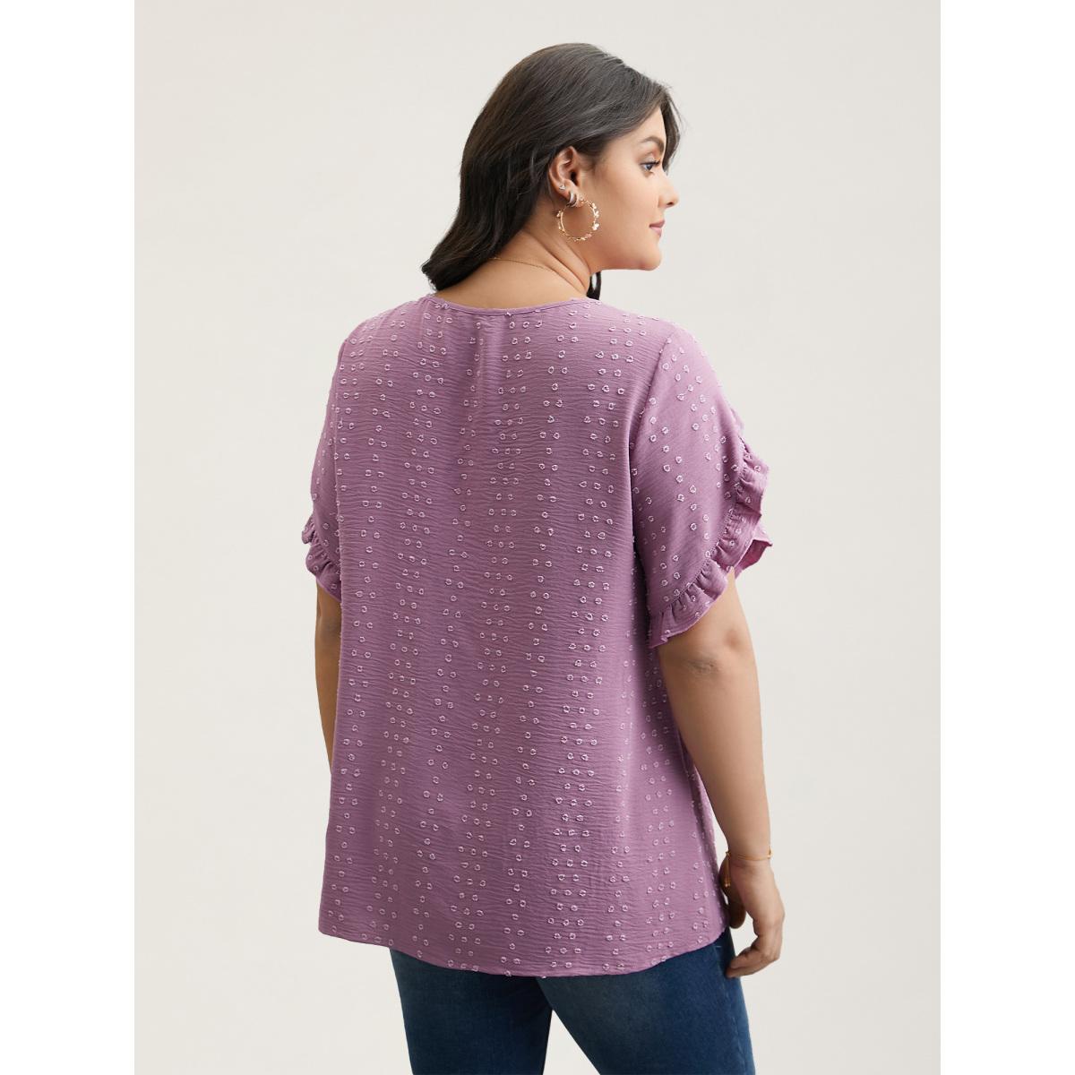 Plus Size Mauve Textured Round Neck Ruffled Sleeve Shirt Women Elegant Short sleeve Round Neck Everyday Blouses BloomChic 26/4X Product Image
