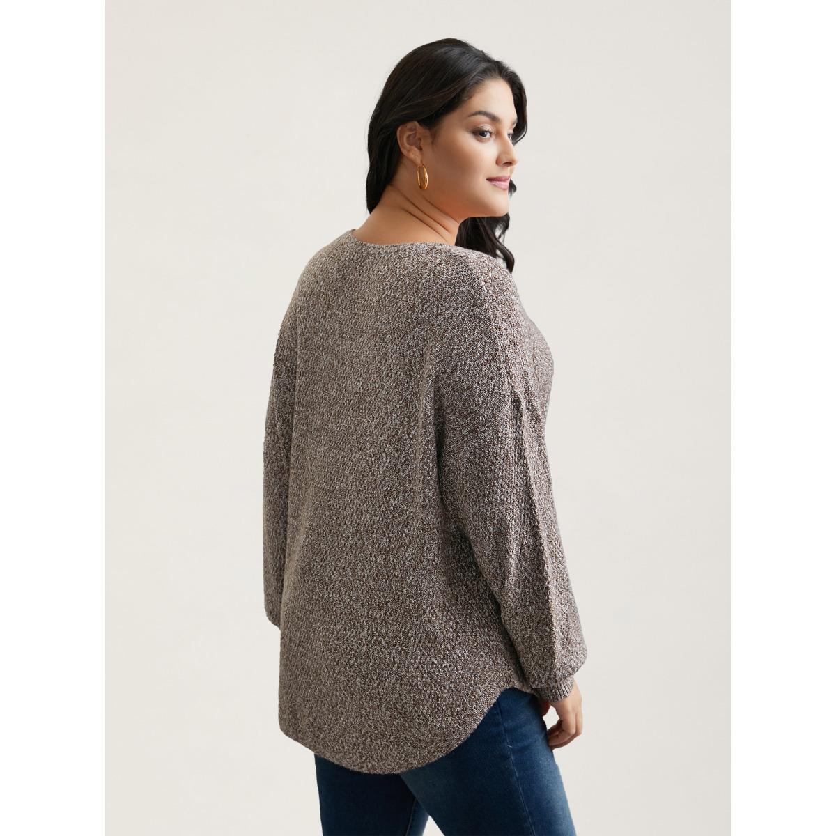 Plus Size Textured V-Neck Curved Hem Pullover DarkBrown Women Casual Loose Long Sleeve V-neck Everyday Pullovers BloomChic 14-16/1X Product Image