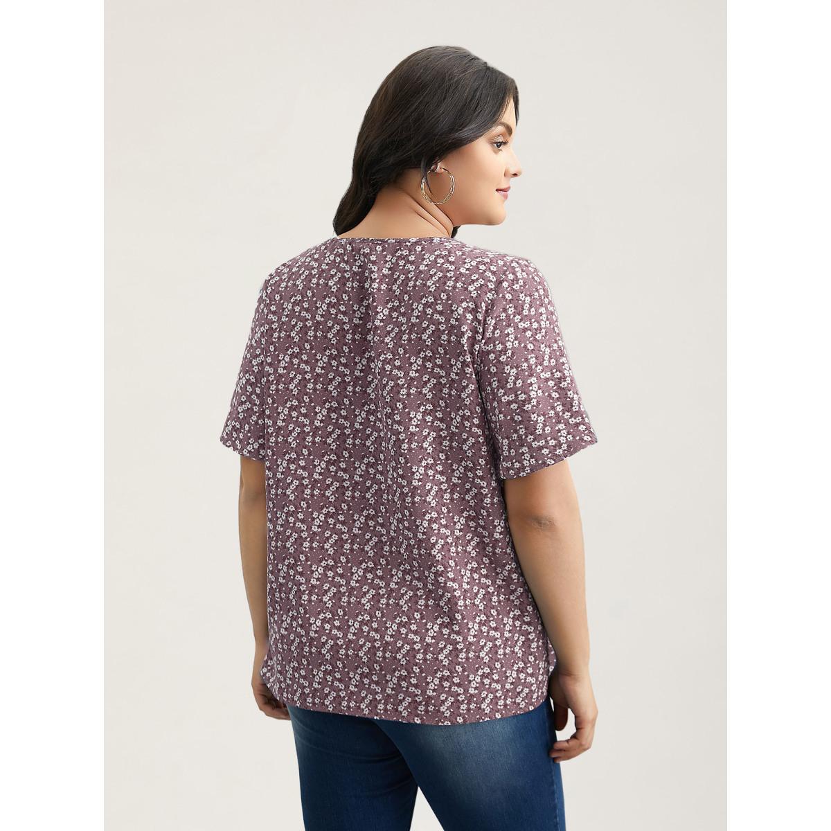 Plus Size Aegean Floral Ruffle Sleeve Gathered Round Neck Blouse Women Leisure Short sleeve Round Neck Casual Blouses BloomChic 10/M Product Image
