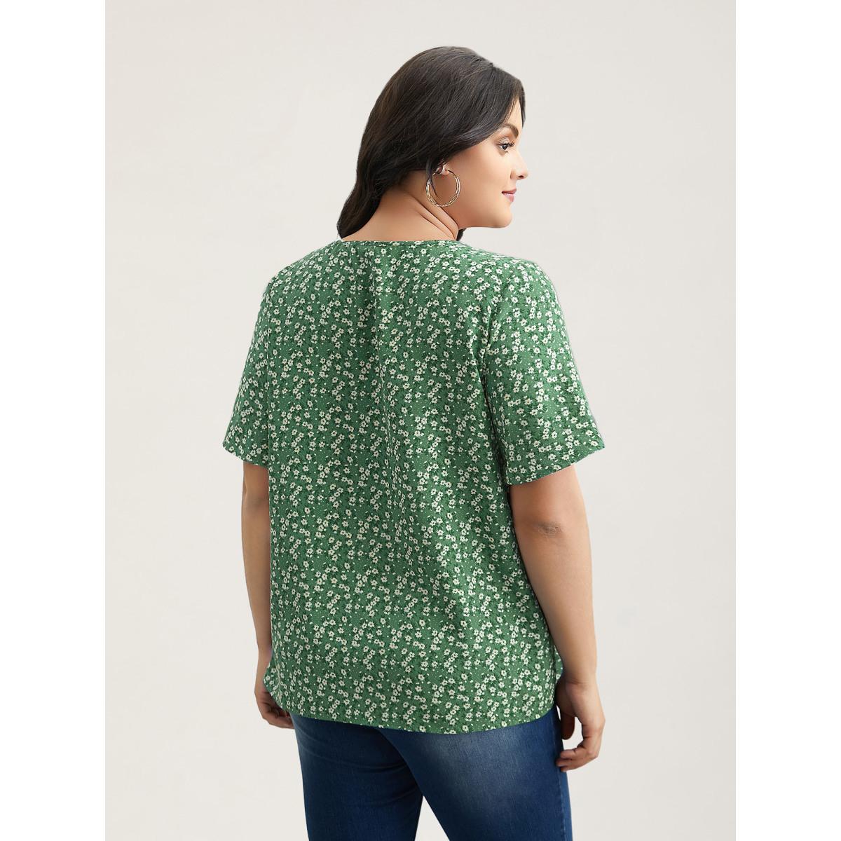 Plus Size Aegean Floral Ruffle Sleeve Gathered Round Neck Blouse Women Leisure Short sleeve Round Neck Casual Blouses BloomChic 10/M Product Image