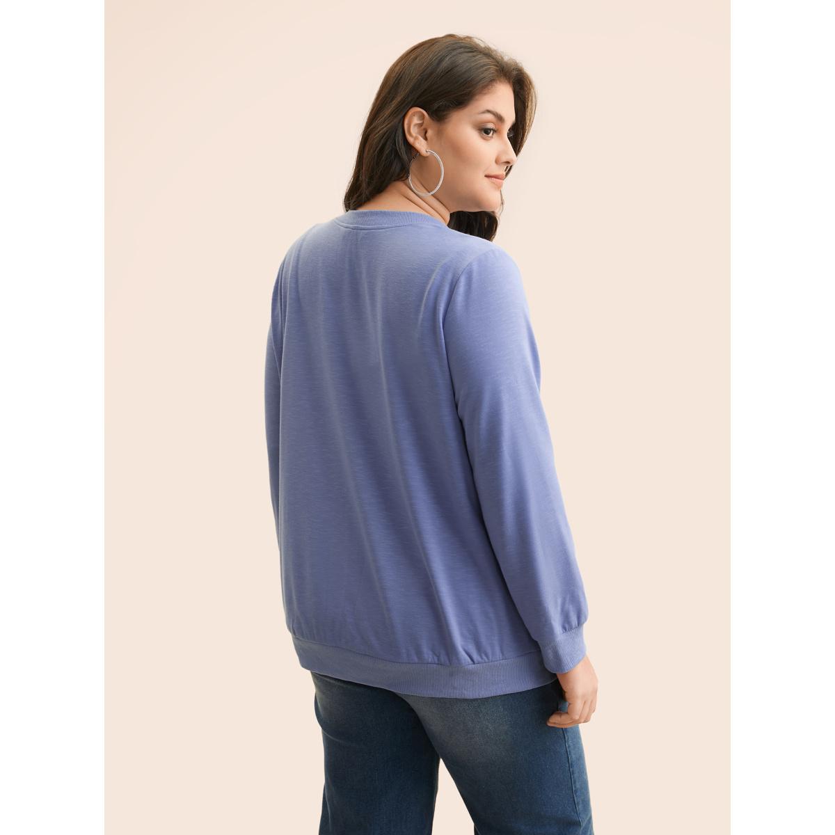 Plus Size Plain Notched Collar Button Up Sweatshirt Women Bluepurple Casual Patchwork Notched collar Everyday Sweatshirts BloomChic 10/M Product Image