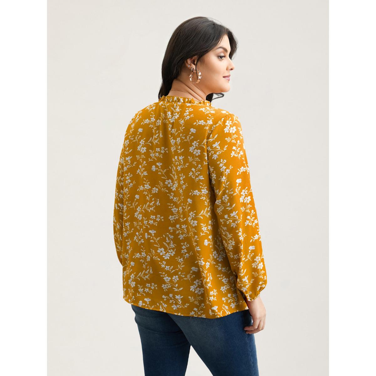 Plus Size Turmeric Floral Print V-Neck Ruffled Shirt Women Elegant Extra Long Sleeve V-neck Everyday Blouses BloomChic 22-24/3X Product Image