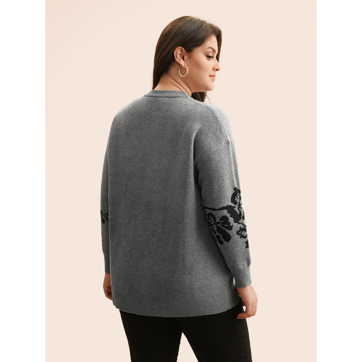 Plus Size Supersoft Essentials Jacquard Drop Shoulder Pullover DimGray Women Casual Loose Long Sleeve Round Neck Everyday Pullovers BloomChic 28/5X Product Image