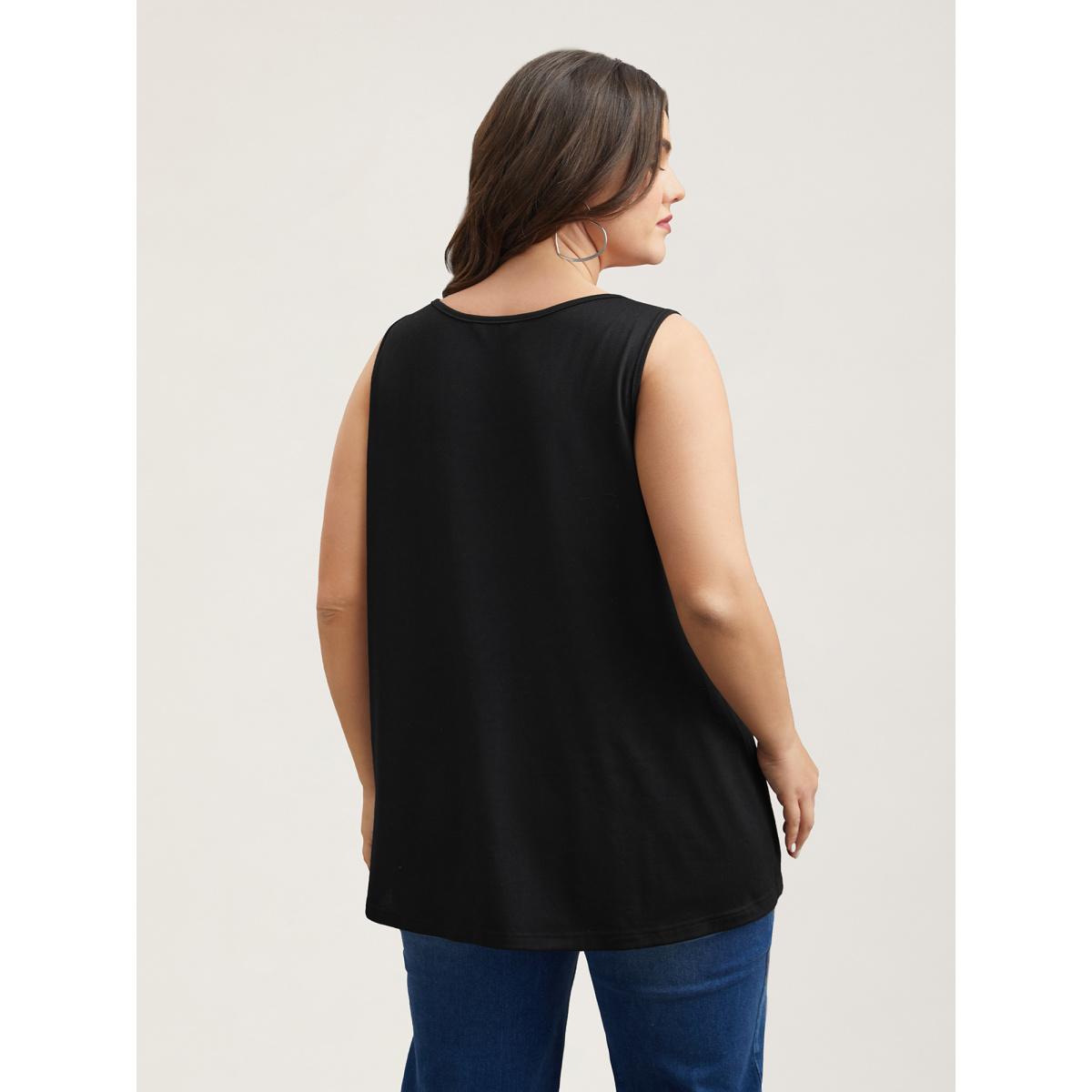 Plus Size Sheer Lace Color Contrast Button Vest Women Black Casual See through Round Neck Everyday Tank Tops Camis BloomChic 28/5X Product Image