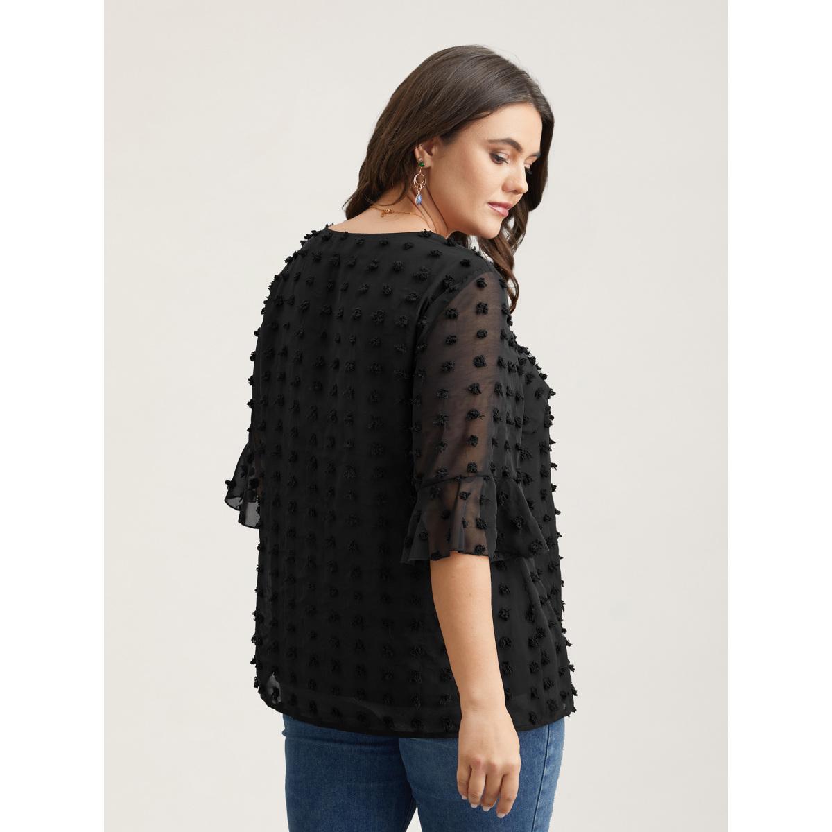 Plus Size Black Chiffon Polka Dot Round Neck Shirt Women Timeless Half Sleeve Round Neck Elegant Blouses BloomChic 30/6X Product Image