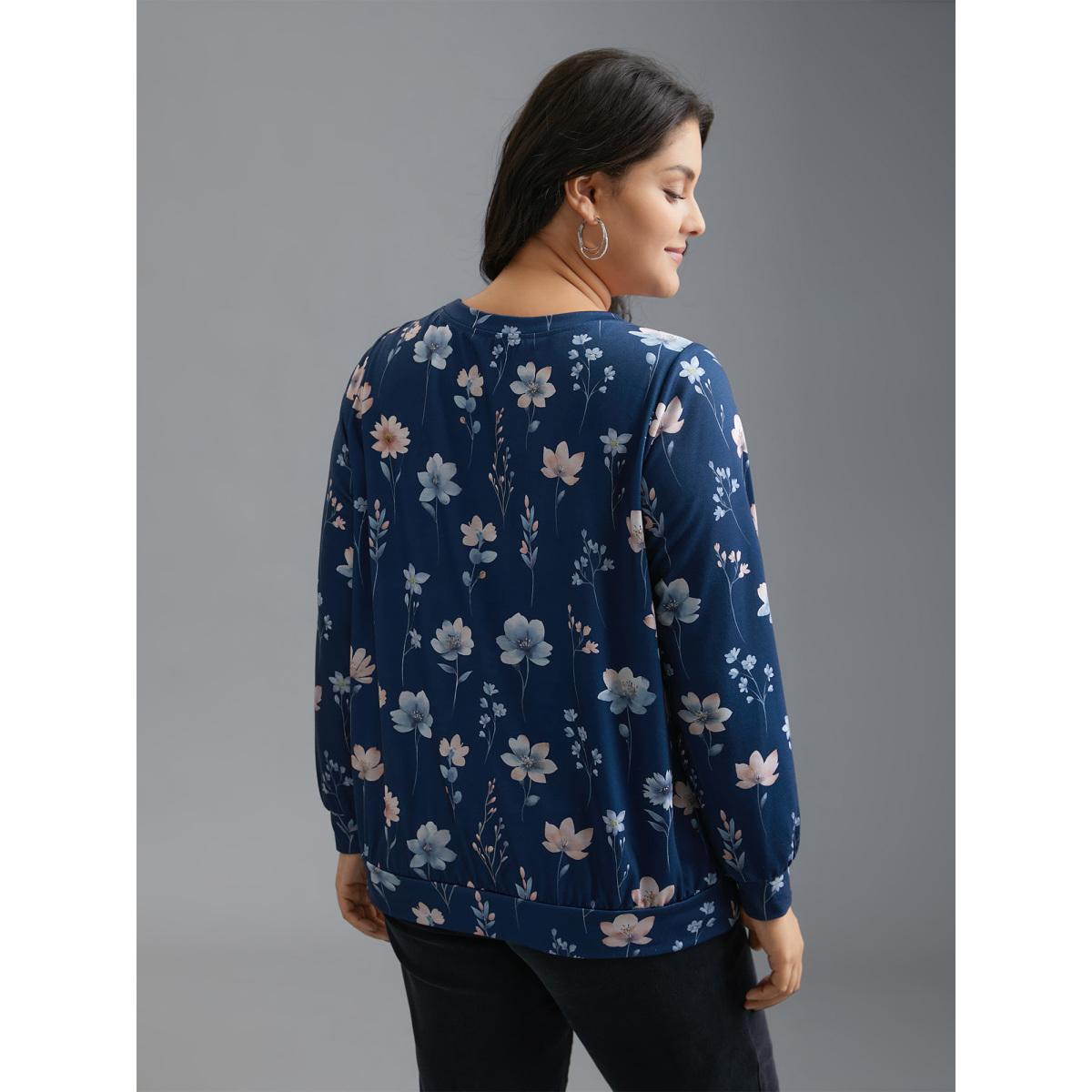Plus Size Crew Neck Floral Print Sweatshirt Women DarkBlue Leisure Contrast Round Neck Casual Sweatshirts BloomChic 10/M Product Image