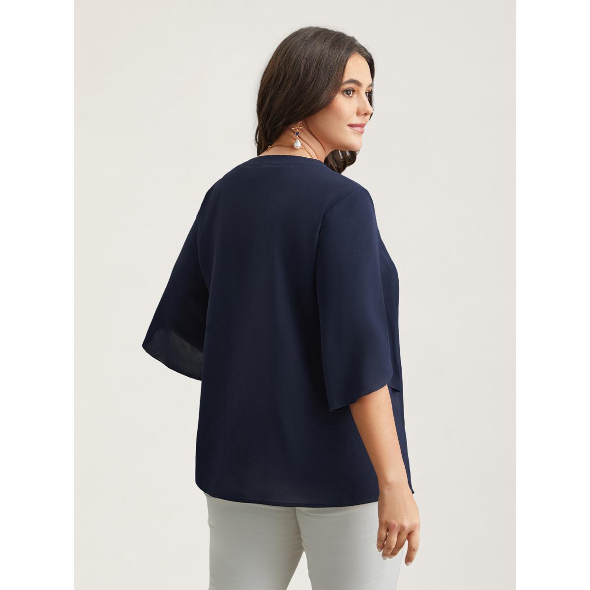 Plus Size Indigo Petal Sleeve Toothpick Pleats Shirt Women Office Elbow-length sleeve Notched collar Office Blouses BloomChic 14-16/1X Product Image