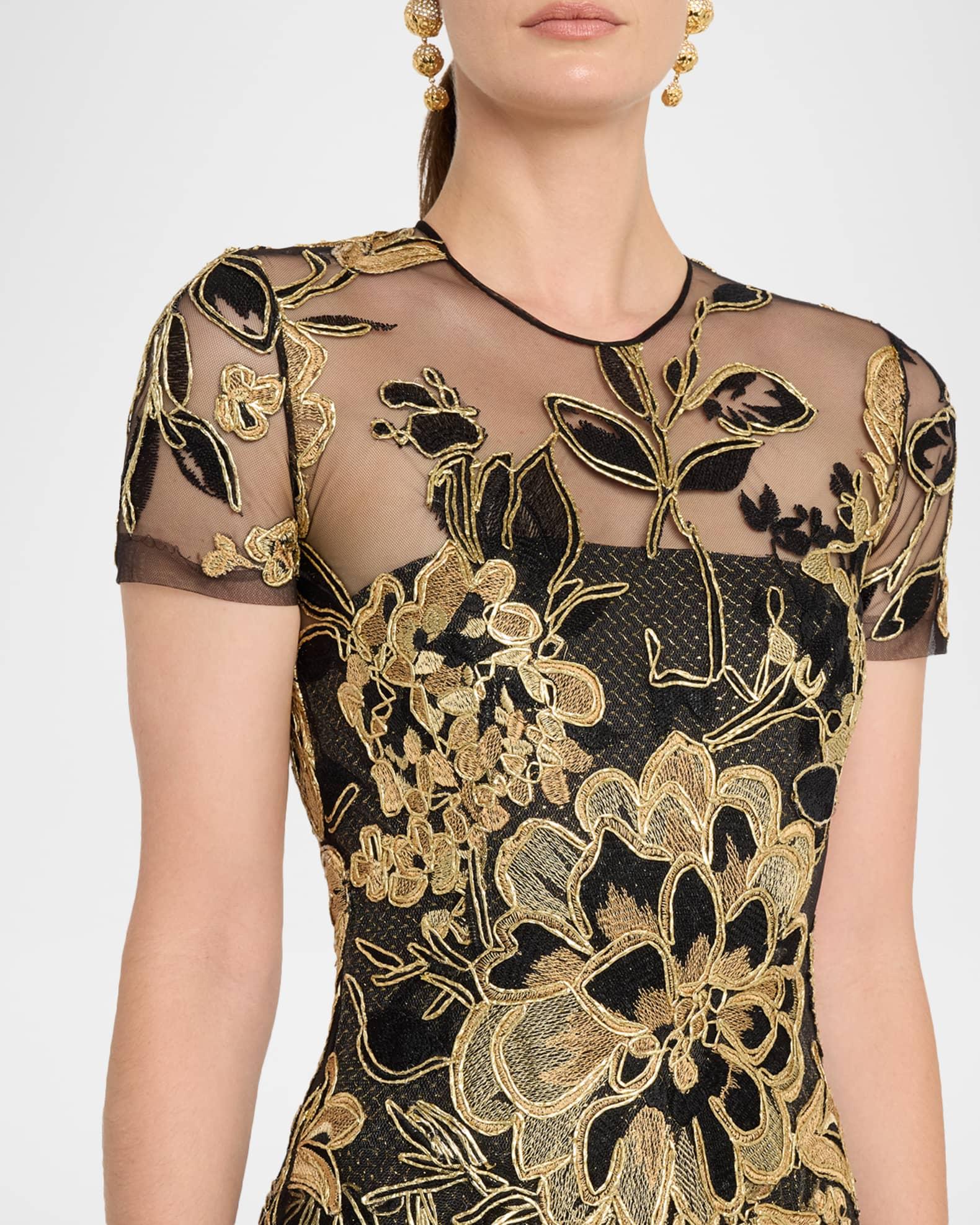 Metallic Embroidered Short-Sleeve A-Line Gown Product Image