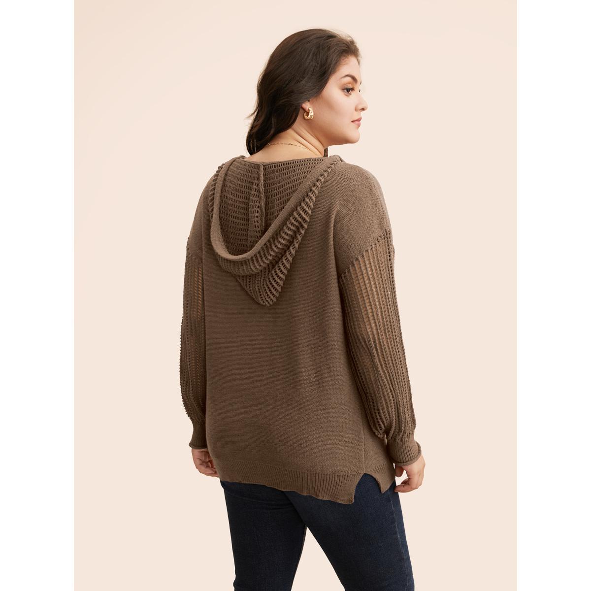Plus Size Hooded Drawstring Cut Out Pocket Pullover Browncoffeecolor Women Leisure Three Quarter Length Sleeve V-neck Casual Pullovers BloomChic 26/4X Product Image