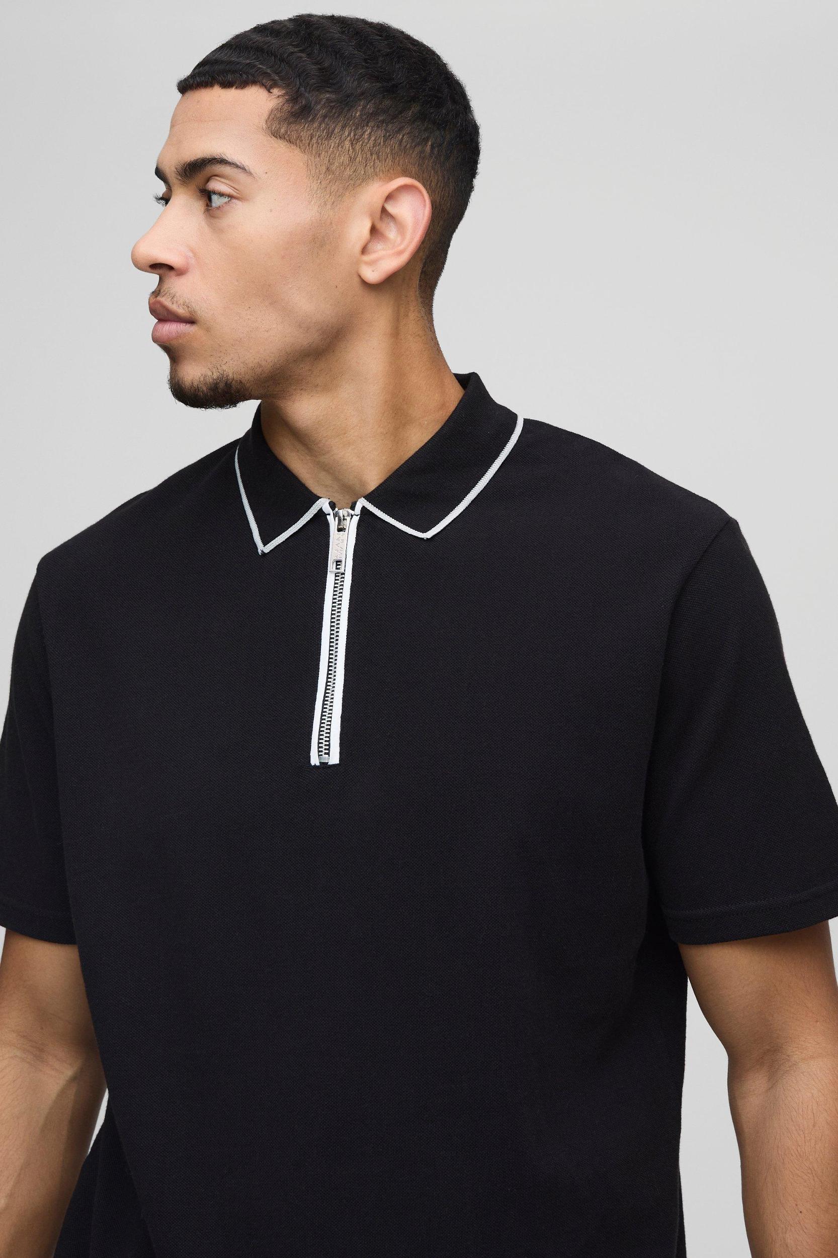 Regular Fit Pique Contrast Edge Zip Neck Polo | boohooMAN USA Product Image