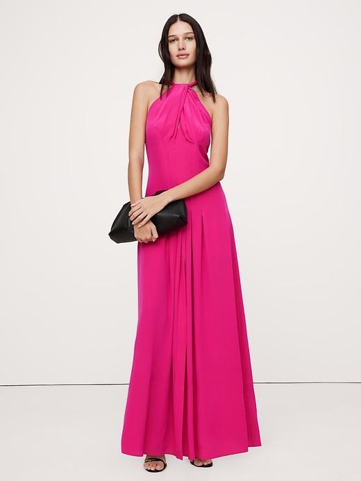 Matte Silk Halter Maxi Dress Product Image