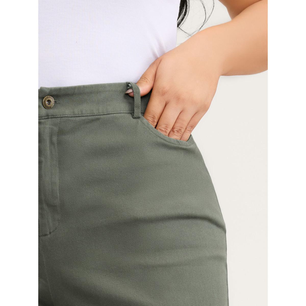 Plus Size Vintage Wash Flared Hem Bootcut Pants Women ArmyGreen Leisure Bodycon Mid Rise Casual Pants BloomChic 22-24/3X Product Image