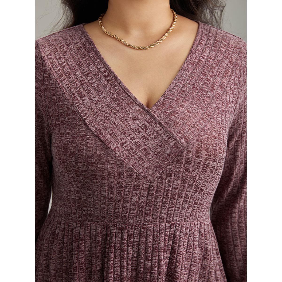 Plus Size Rib Knit Plain Plisse Long Sleeve Dress Purple Women Leisure Rib Knit V-neck Long Sleeve Curvy Midi Dress BloomChic 12/L Product Image