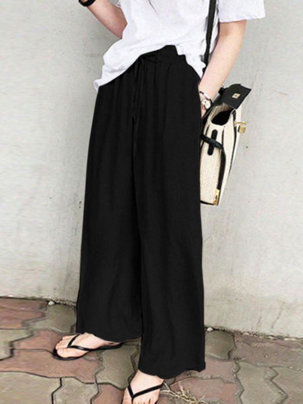 High Waisted Loose Drawstring Pockets Solid Color Pants Trousers Product Image