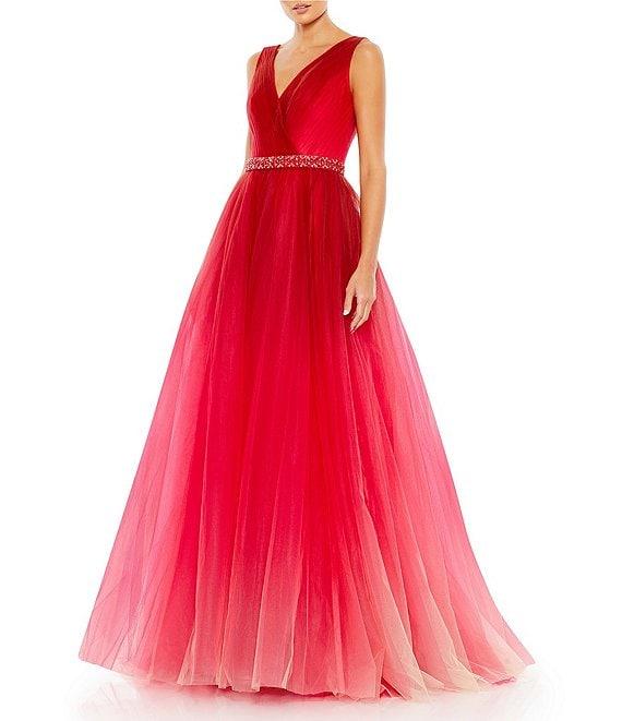 Mac Duggal Ombre Tulle Surplice V-Neck Sleeveless Embellished Belt Gown Product Image