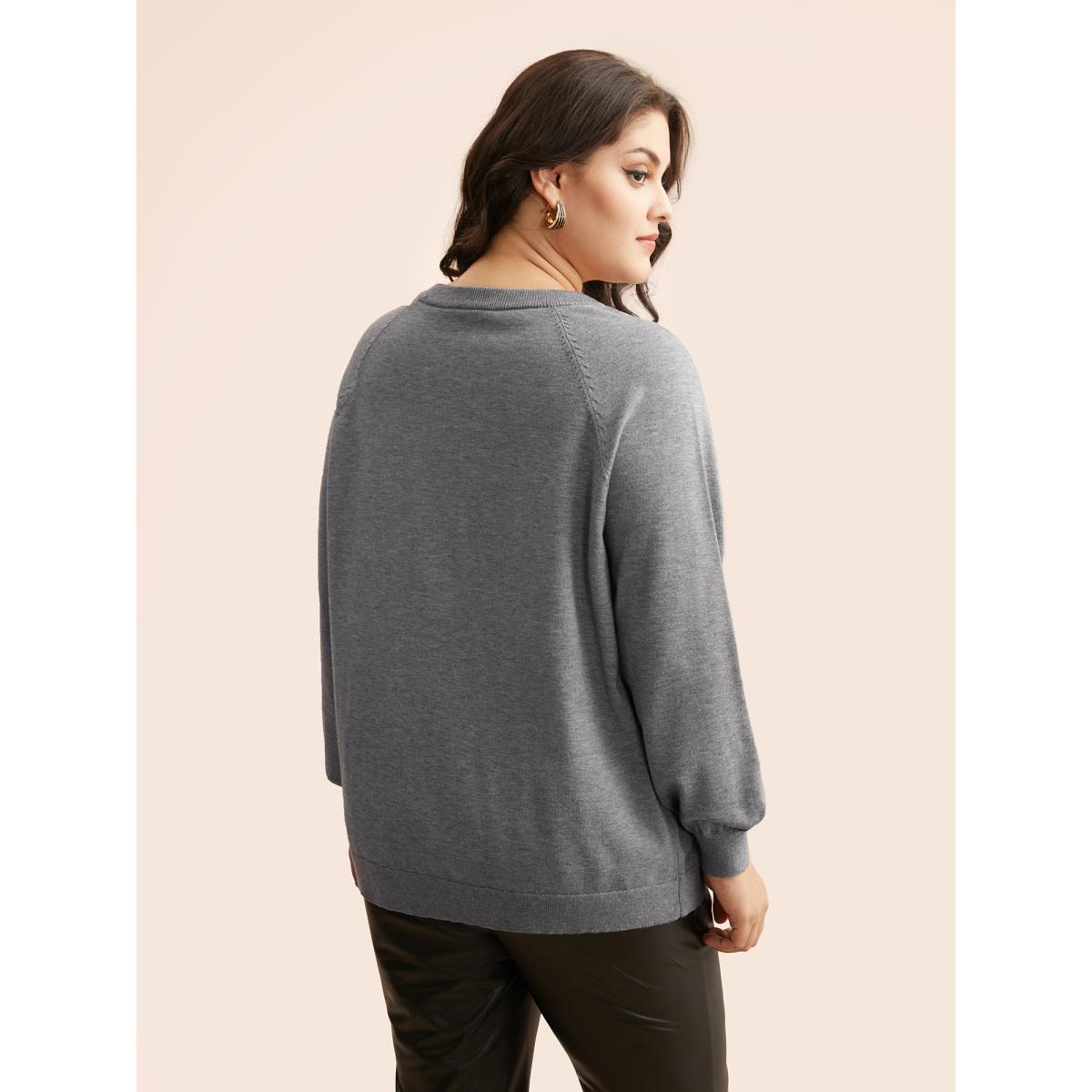 Plus Size Plain Keyhole Puff Sleeve Pullover DarkGray Women Casual Long Sleeve Round Neck Everyday Pullovers BloomChic 28/5X Product Image