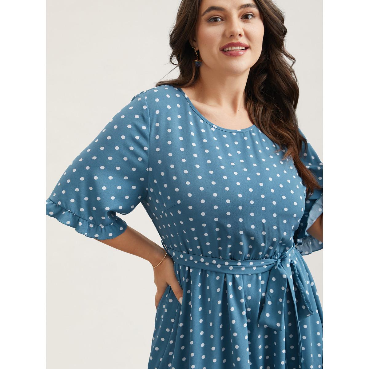 Plus Size Polka Dot Print Belted Stretchy Midi Dress Cerulean Women Elegant Belted Round Neck Half Sleeve Curvy BloomChic 28/5X Product Image