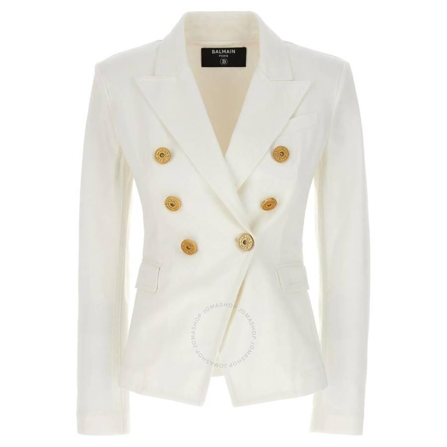 BALMAIN Double-breasted Structured Denim Blazer With Peak Lapel In White Product Image