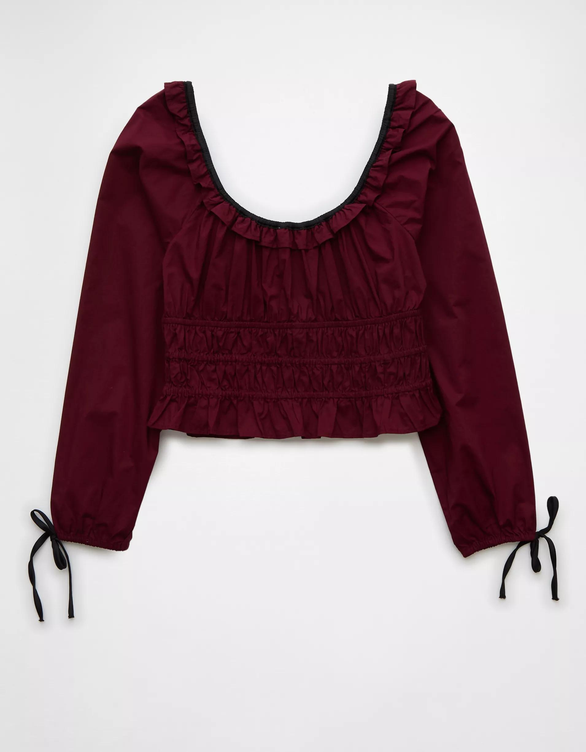 AE Long-Sleeve Ruched Poplin Blouse Product Image