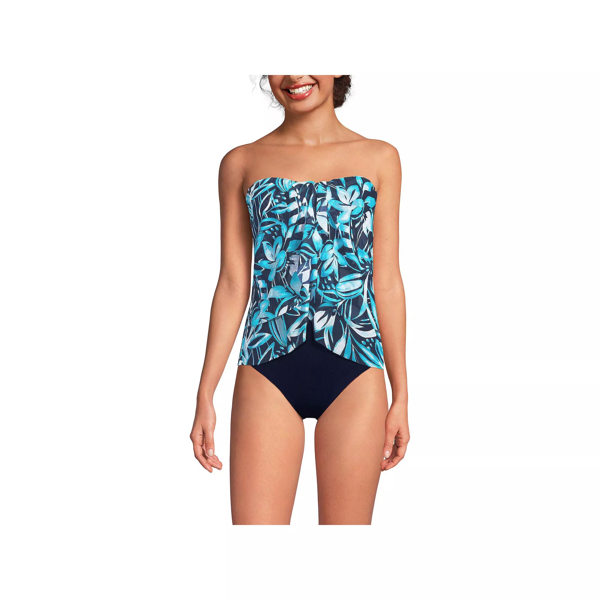 Women's Lands' End Printed Mesh Bandeau Fauxkini High Leg One-Piece Swimsuit, Size: 16, Abstract Floral Product Image