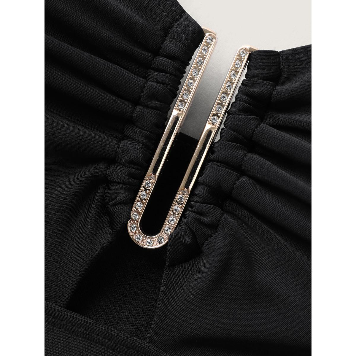 Plus Size Keyhole Metal Detail Solid Swim Top Women's Swimwear Black Resort Gathered High stretch Skinny V-neck Curve Swim Tops BloomChic 14-16/1X Product Image