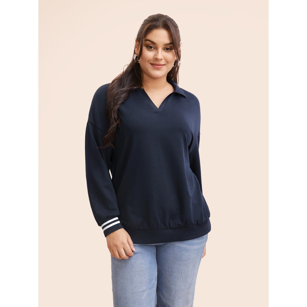 Plus Size Polo Neck Contrast Trim Drop Shoulder Sweatshirt Women Midnight Casual Contrast Polo Everyday Sweatshirts BloomChic 10/M Product Image