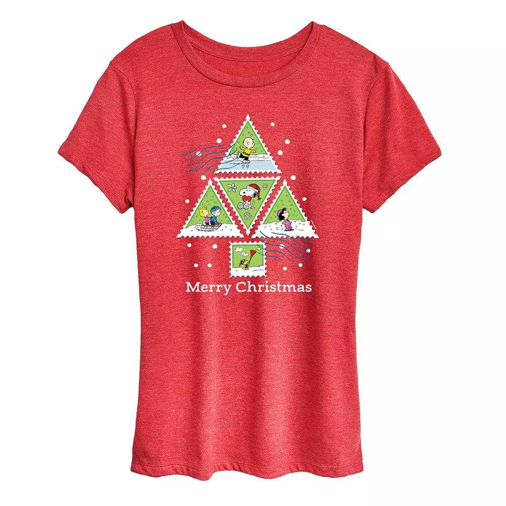 Women's Peanuts Christmas Tree Stamps Graphic Tee, Size: Medium, Grey Red Product Image