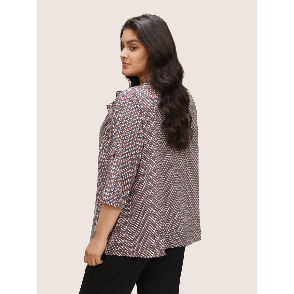 Plus Size Indigo Gingham Ruffle Trim Tab Sleeve Blouse Women At the Office Elbow-length sleeve V-neck Work Blouses BloomChic 26/4X Product Image