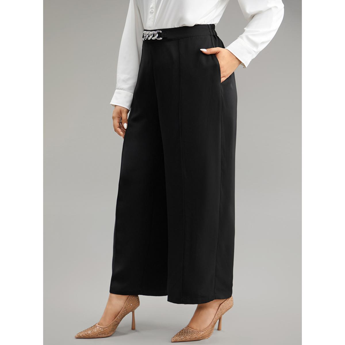 Plus Size Metal Detail Pleated Wide Leg Pants Women Black Office Wide Leg High Rise Office Pants BloomChic 18-20/2X Product Image