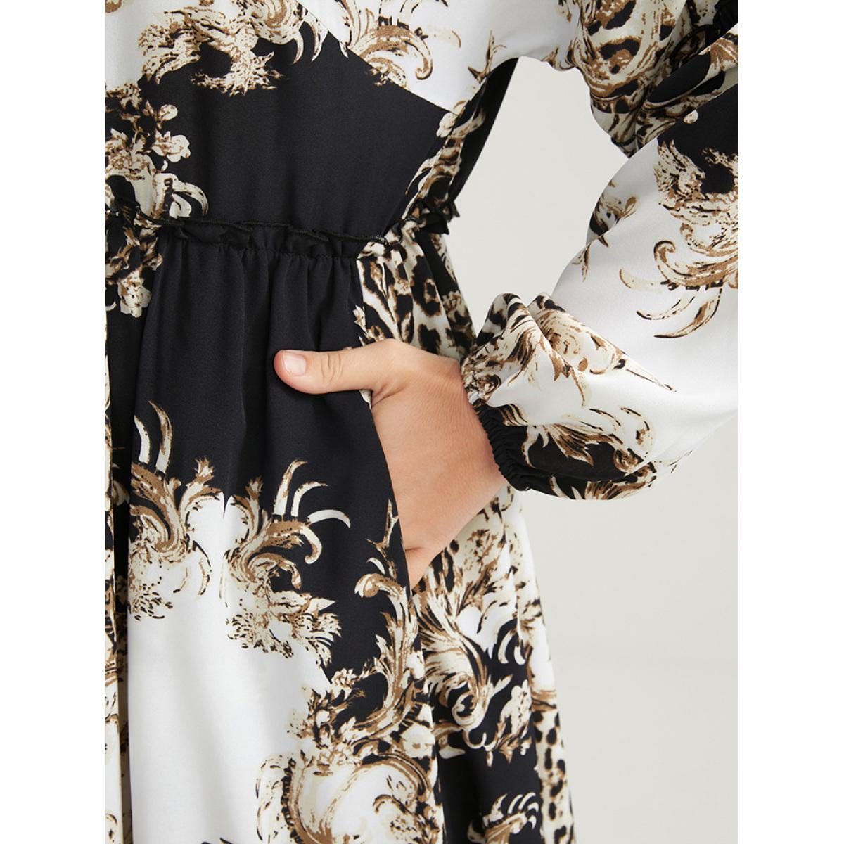 Plus Size Leopard Pocket Button Detail Lantern Sleeve Split Dress Black Women Office Pocket Shirt collar Long Sleeve Curvy Long Dress BloomChic 14-16/1X Product Image