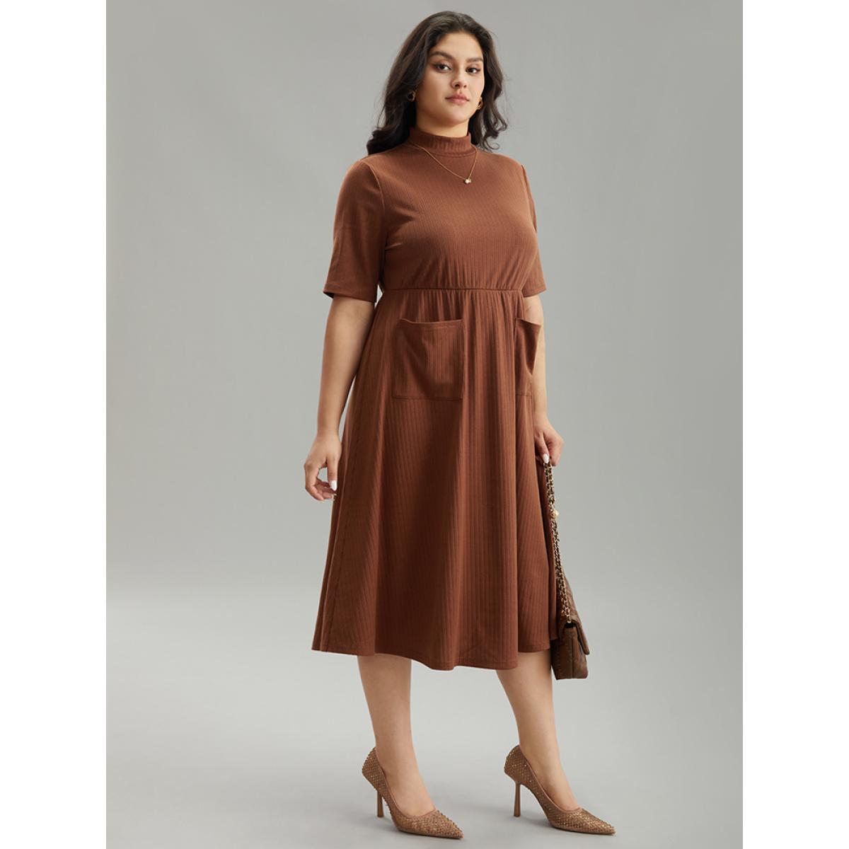 Plus Size Solid Rib Knit Mock Neck Pocket Dress Chocolate Women Office Plain Mock Neck Short sleeve Curvy Midi Dress BloomChic 22-24/3X Product Image