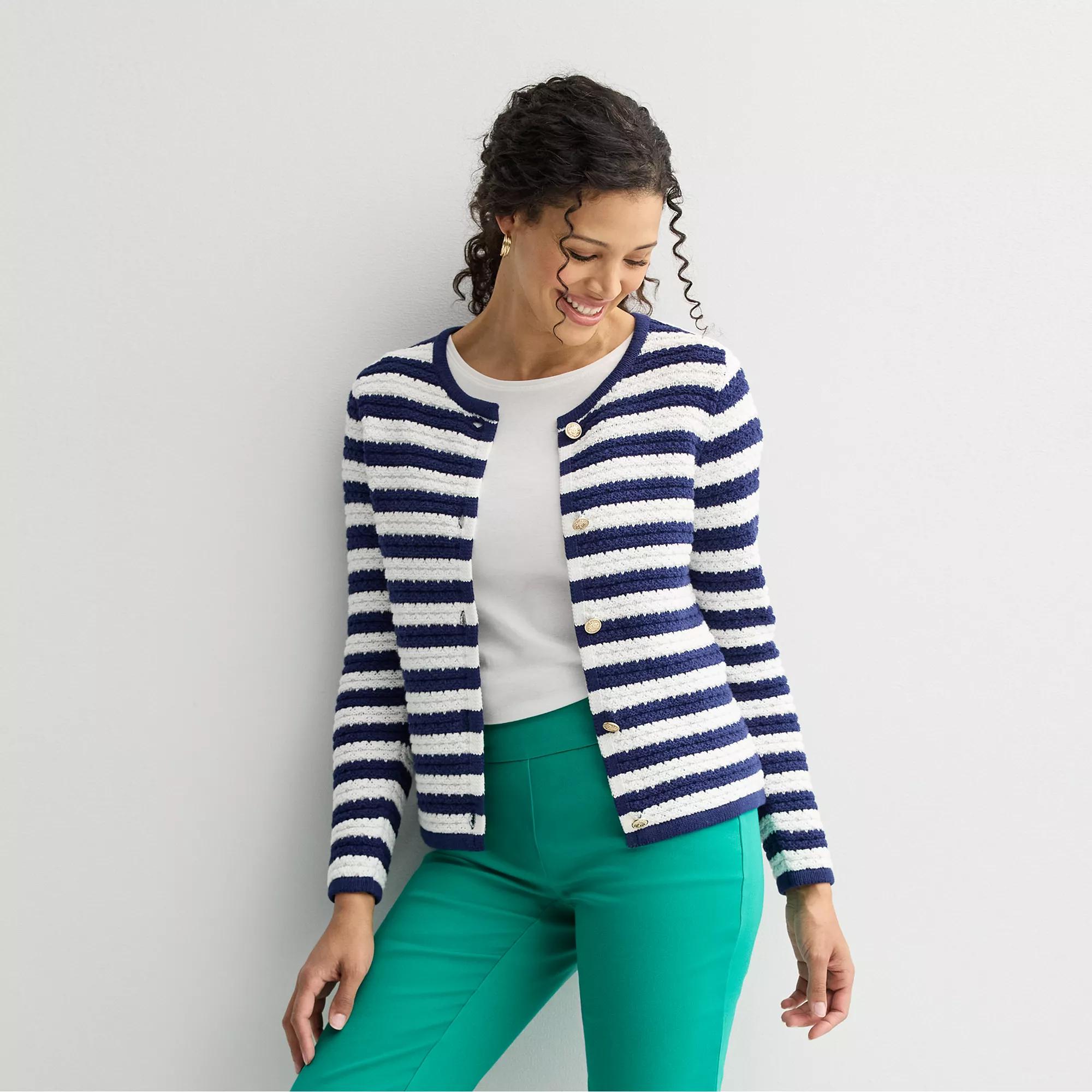 Petite Croft & Barrow® Crewneck Long Sleeve Button Front Textured Cardigan, Women's, Size: Small Petite, Navy White Stripe Product Image