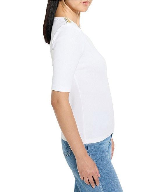 NIC + ZOE Knit V-Neck Elbow Sleeve Button Shoulder Top Product Image