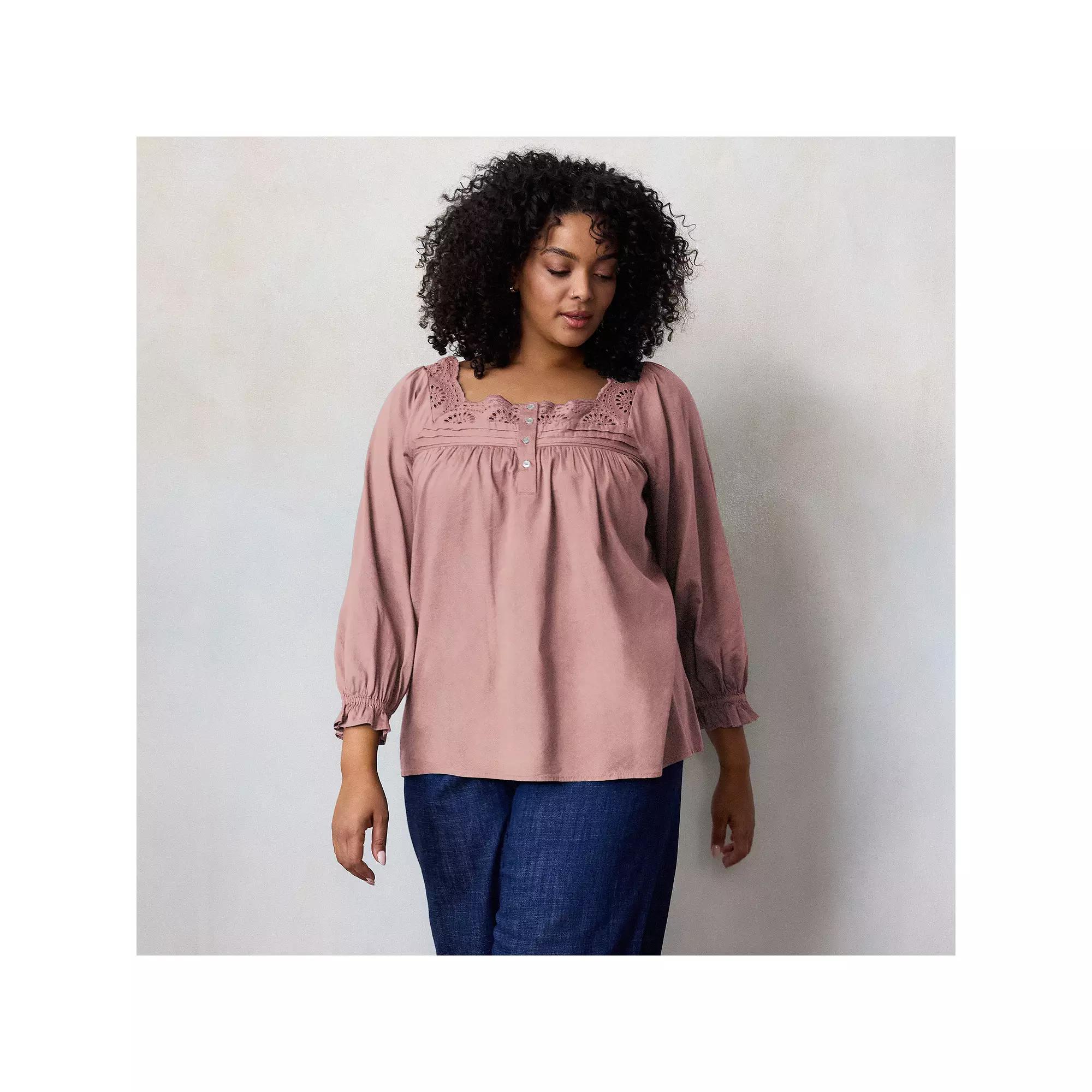 Plus Size LC Lauren Conrad Henley Square Neck Peasant Top, Women's, Size: 0X, Purple Silk Product Image