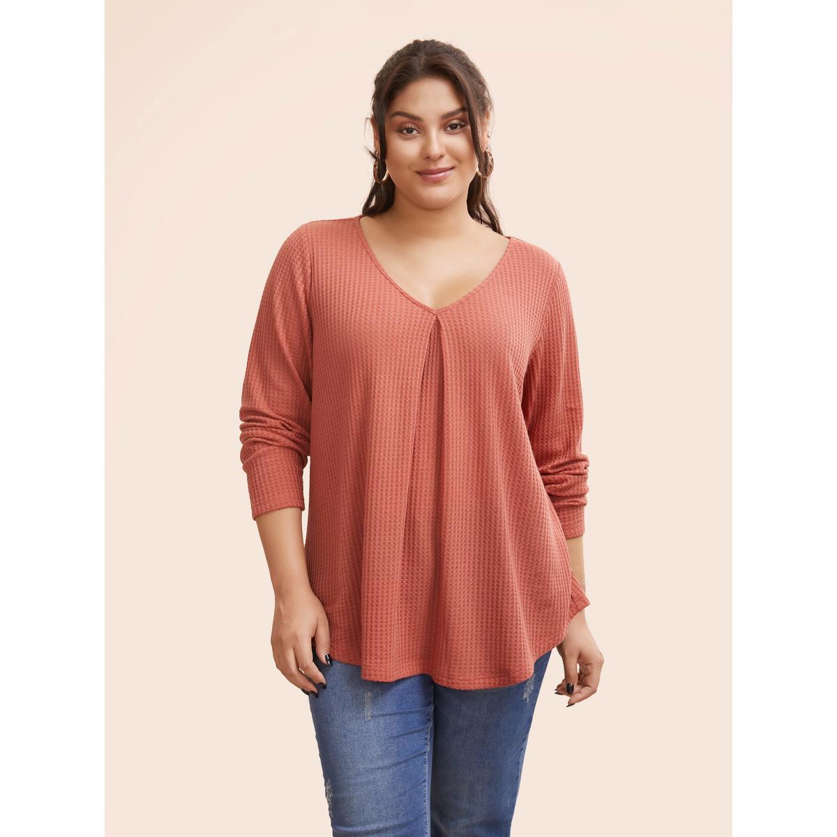 Plus Size Plain Waffle Knit Scoop Neck Plicated Detail T-shirt Salmon Women Leisure Non Plain V-neck Casual T-shirts BloomChic 28/5X Product Image